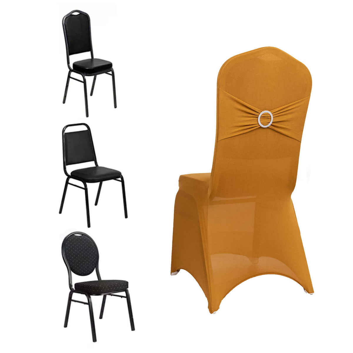 Spandex Chair Cover with Silver Rhinestone Buckled Sash Band Gold - Stylish Stretch Fitted Slipcover for Banquets & Events