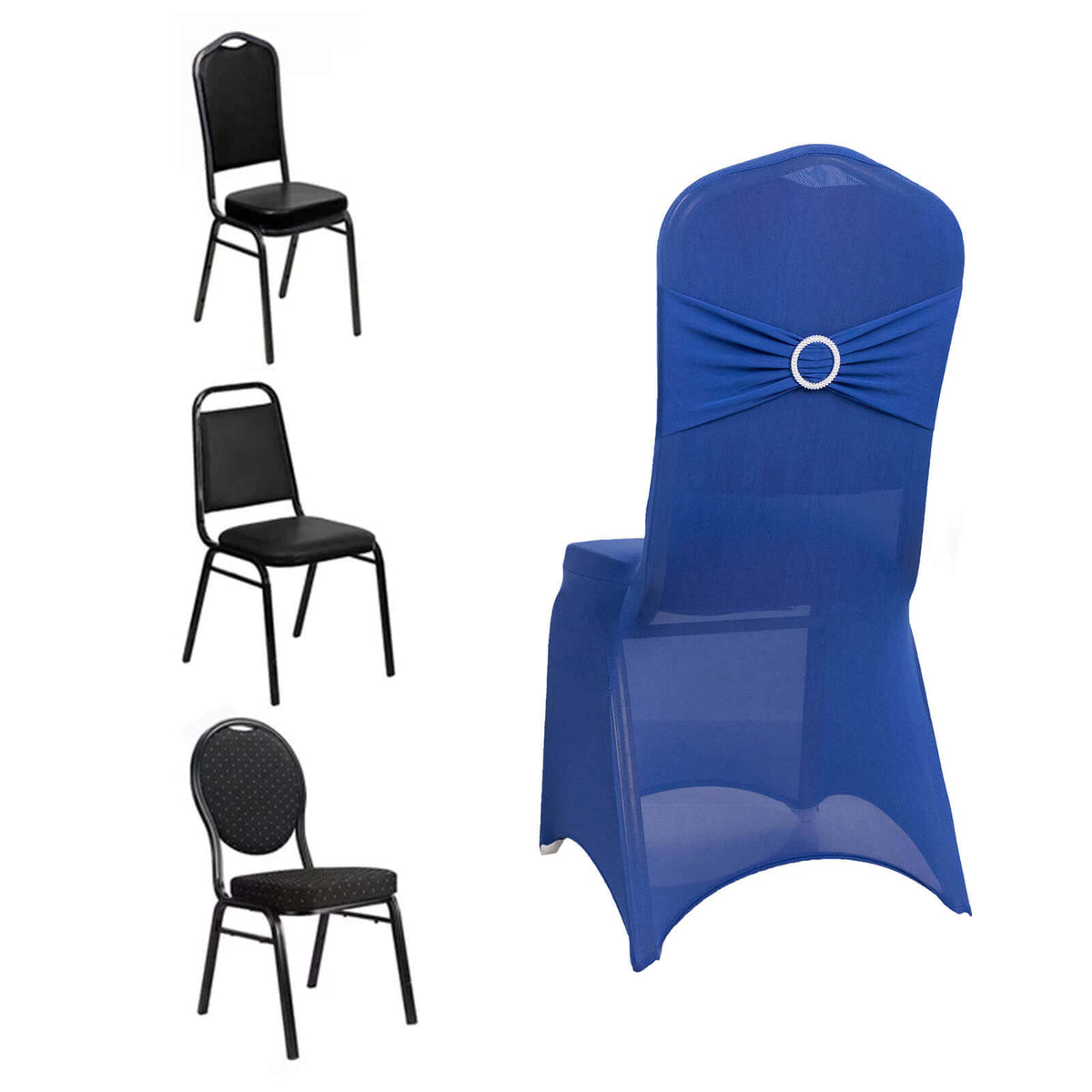 Spandex Chair Cover with Silver Rhinestone Buckled Sash Band Royal Blue - Stretch Fitted Slipcover