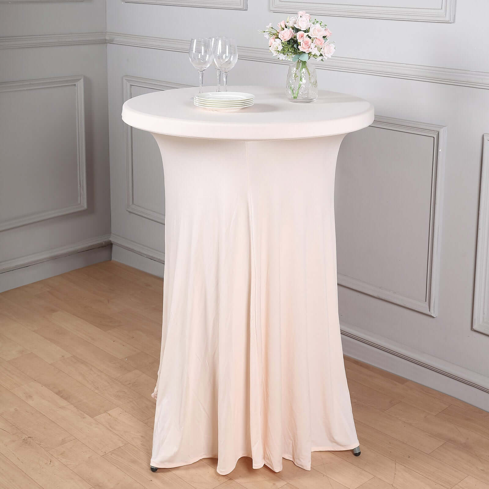 Spandex 30" Round Cocktail Table Cover Skirt Blush With Natural Wavy Drapes