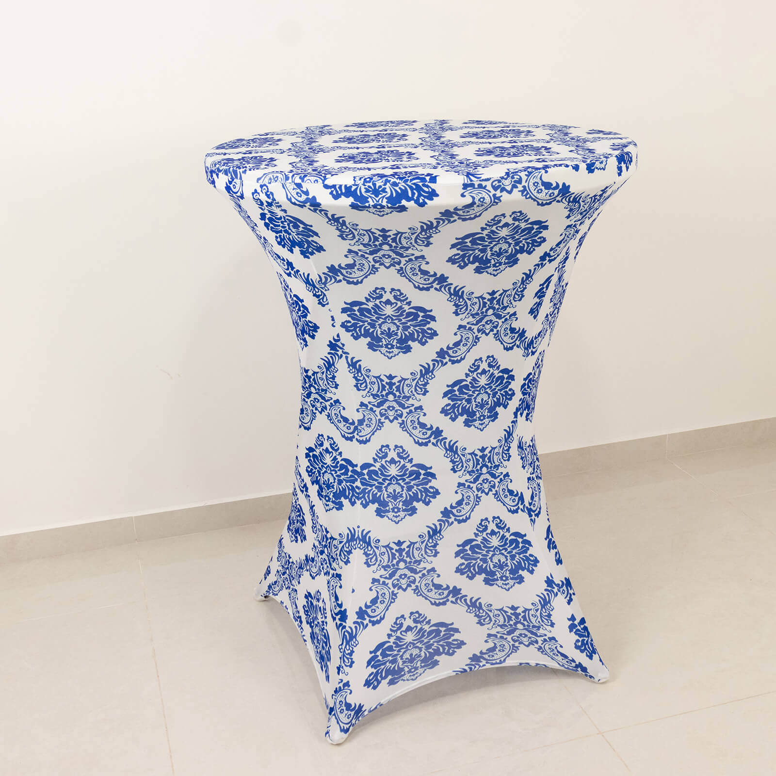 Spandex 30" Round Cocktail Table Cover Royal Blue Damask Highboy Tables - Easy to Maintain Stretch Fitted Tablecloth