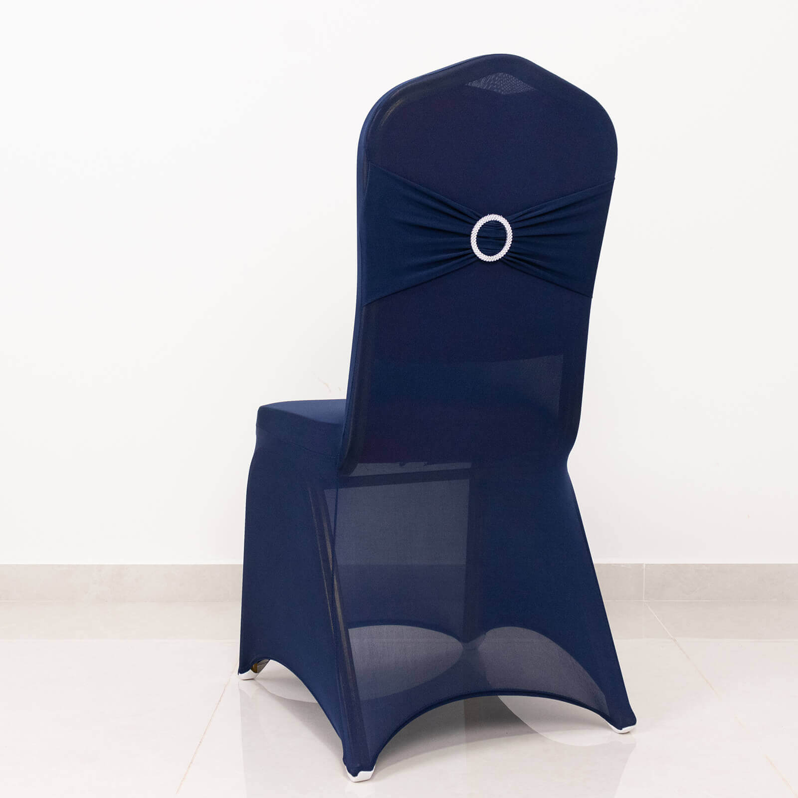 Spandex Chair Cover with Silver Rhinestone Buckled Sash Band Navy Blue - Stretch Fitted Slipcover