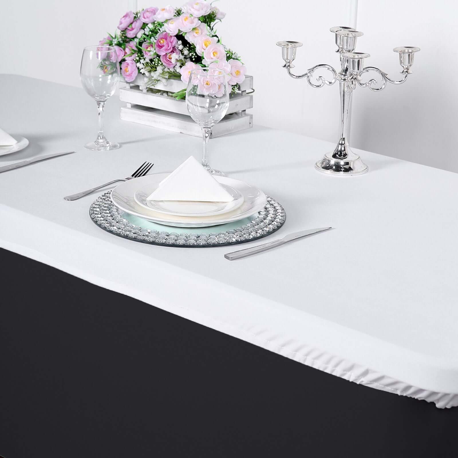 Spandex Rectangle 96"x30" Tablecloth Top Cover White - Stretchy, Wrinkle Free & Fitted Table Topper