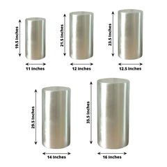 Set of 5 Metallic Silver Spandex Cylinder Pedestal Stand Covers, Shiny Stretchable Pillar Prop Covers - 130 GSM