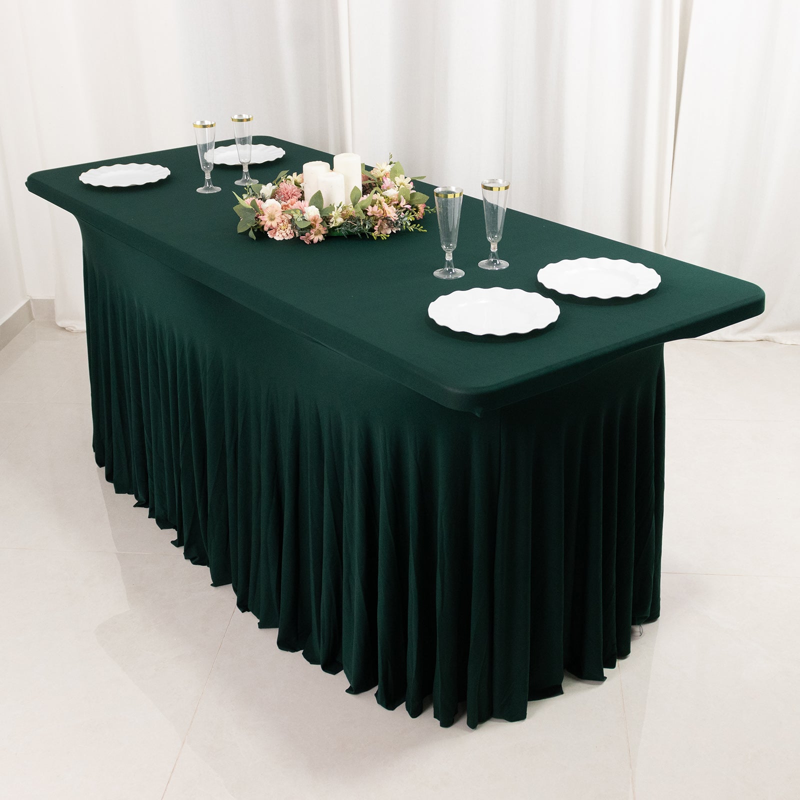 Spandex Rectangle 72"x30" Table Skirt Hunter Emerald Green with Wavy Skirt-Like Effect Table Cover