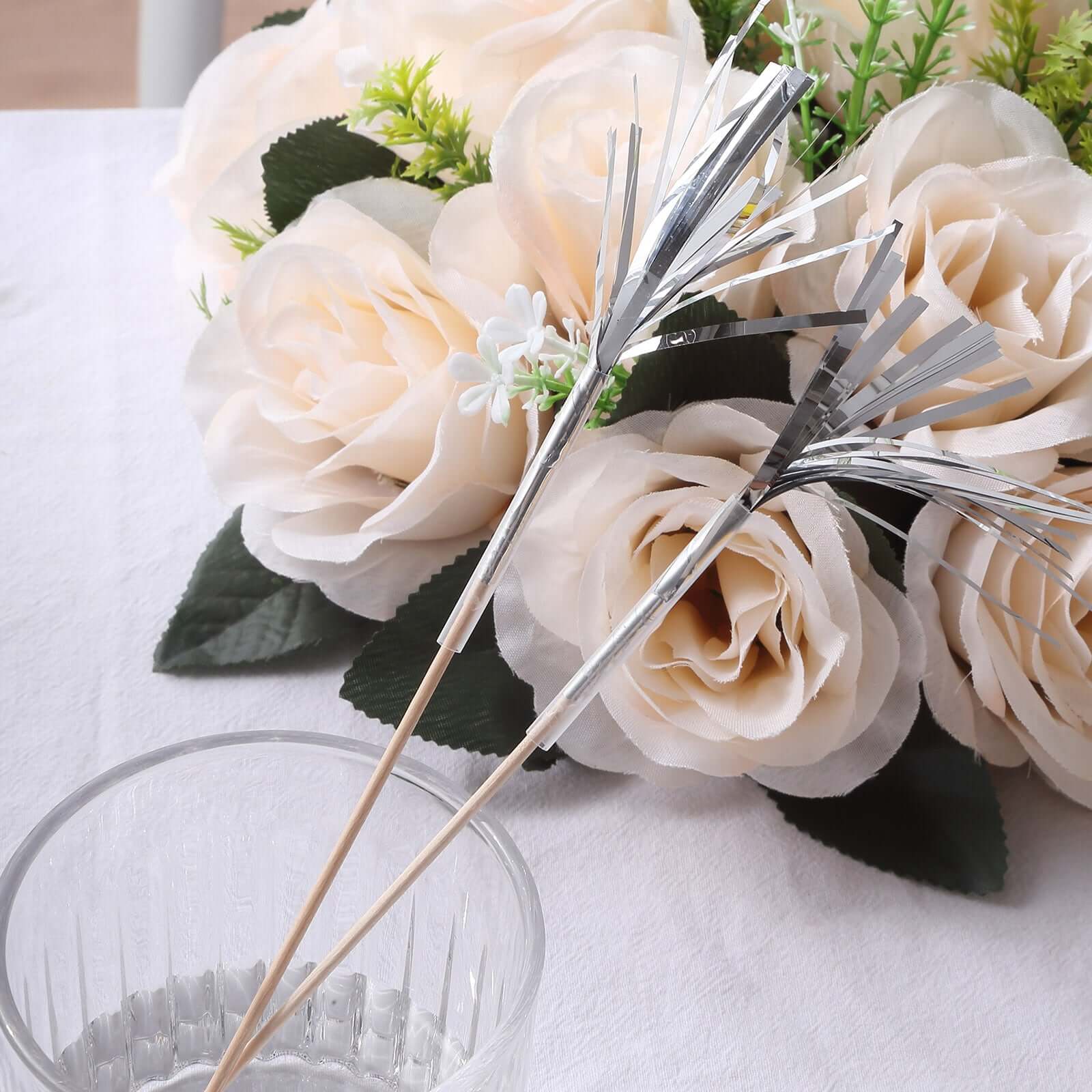 100-Pack Bamboo Cocktail Sticks Firework Cupcake Toppers Silver - Festive Foil Frills Food Picks 9"