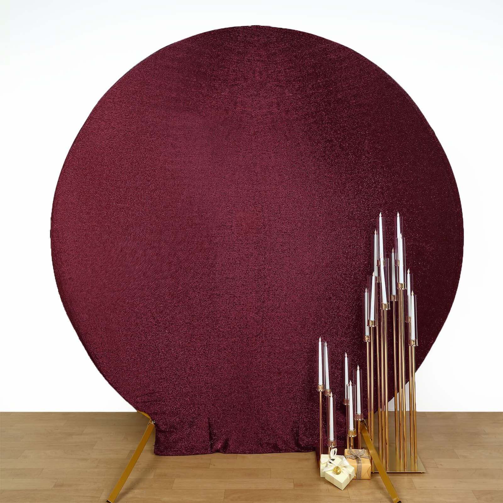 7.5ft Burgundy Metallic Shimmer Tinsel Spandex Round Wedding Arch Cover, 2-Sided Photo Backdrop