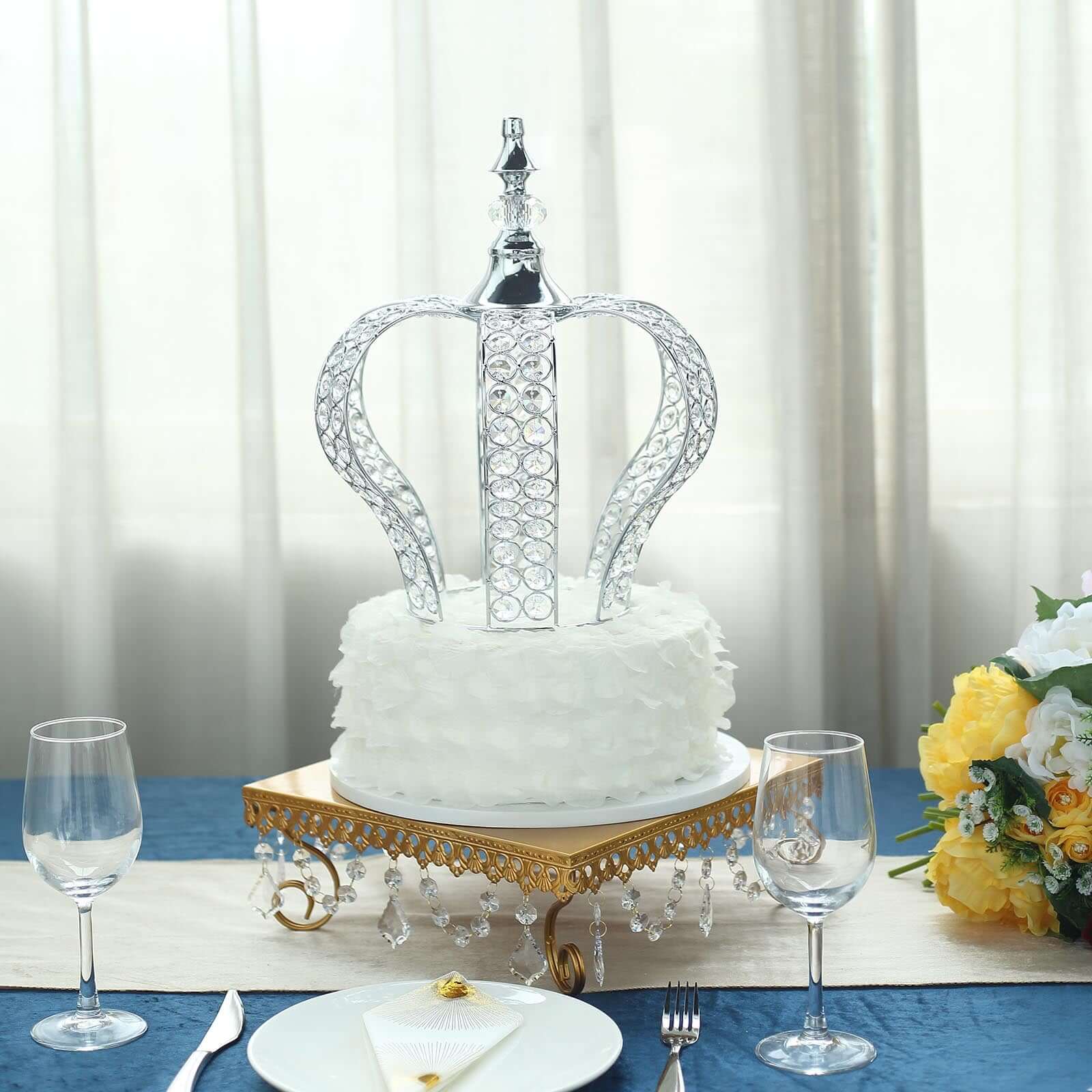 Crystal-Bead Royal Crown Cake Topper Metallic Silver - Dazzling Cake Centerpiece Decor for Luxurious Birthdays Receptions & Romantic Celebrations 14"