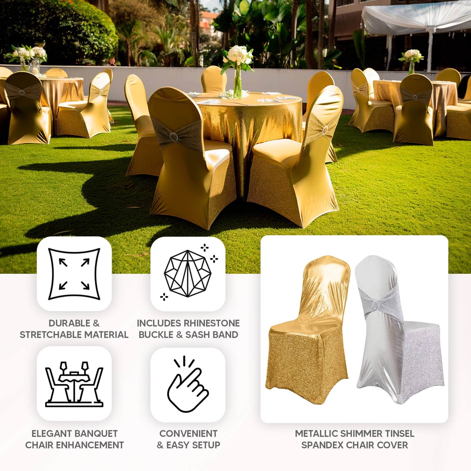 Spandex Banquet Chair Cover Metallic Silver Tinsel with Sash and Rhinestone Buckle - Shimmering Fitted Slipcover