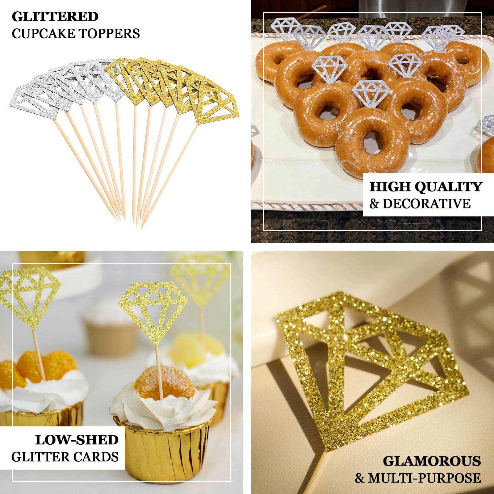 24-Pack Cupcake Toppers Diamond Ring Design Glitter Silver - Party Cake Picks Engagement Decoration Supplies