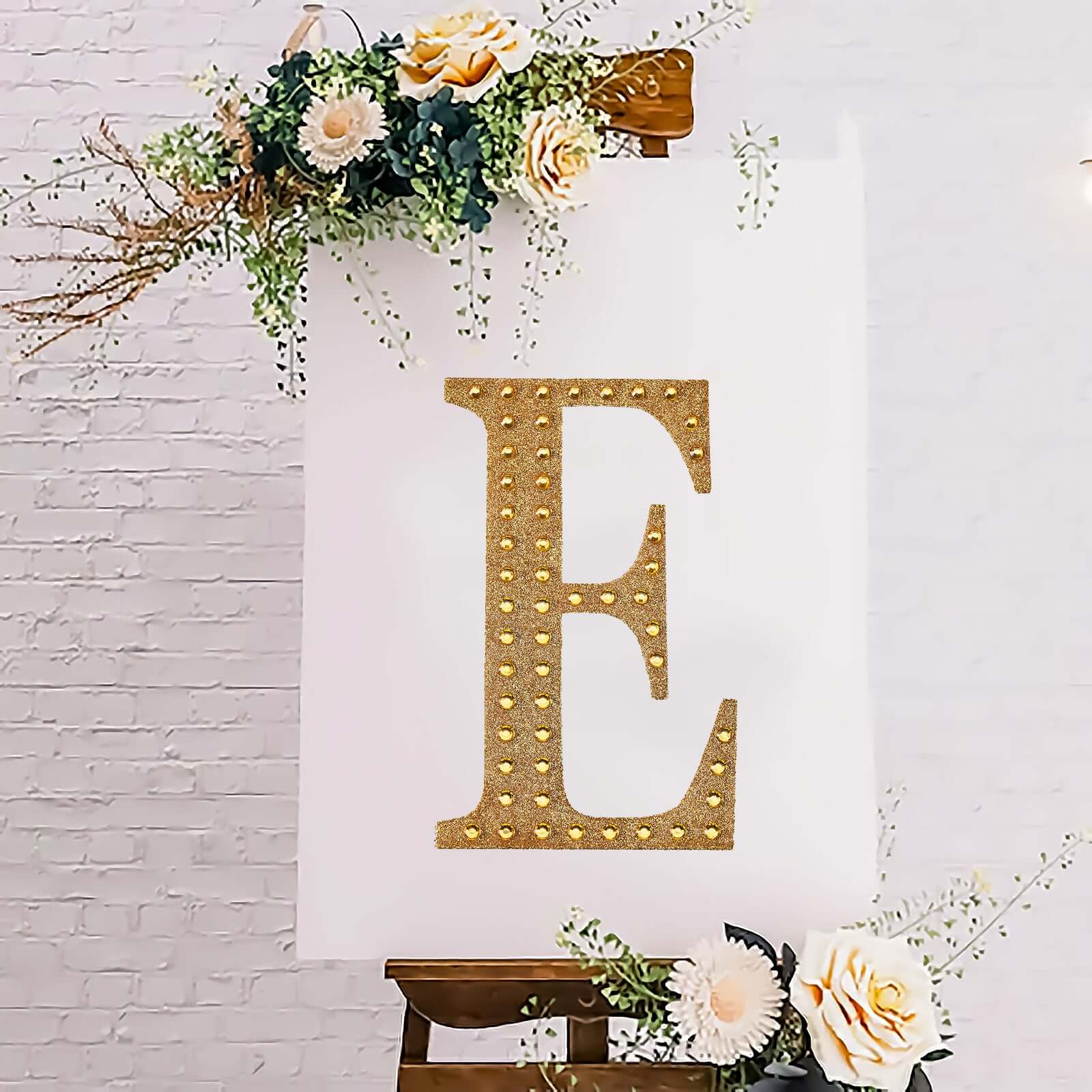 Decorative Rhinestone Alphabet "E" Letter Stickers, Glitter Adhesive Craft Letters Gold DIY Sparkle Embellishments 8"