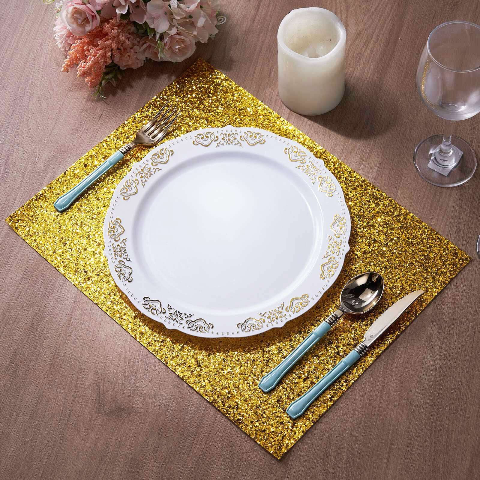 6-Pack Placemats Glitter Design Gold Sparkle Rectangle - Non-Slip Decorative Dining Table Mats 12"x18"