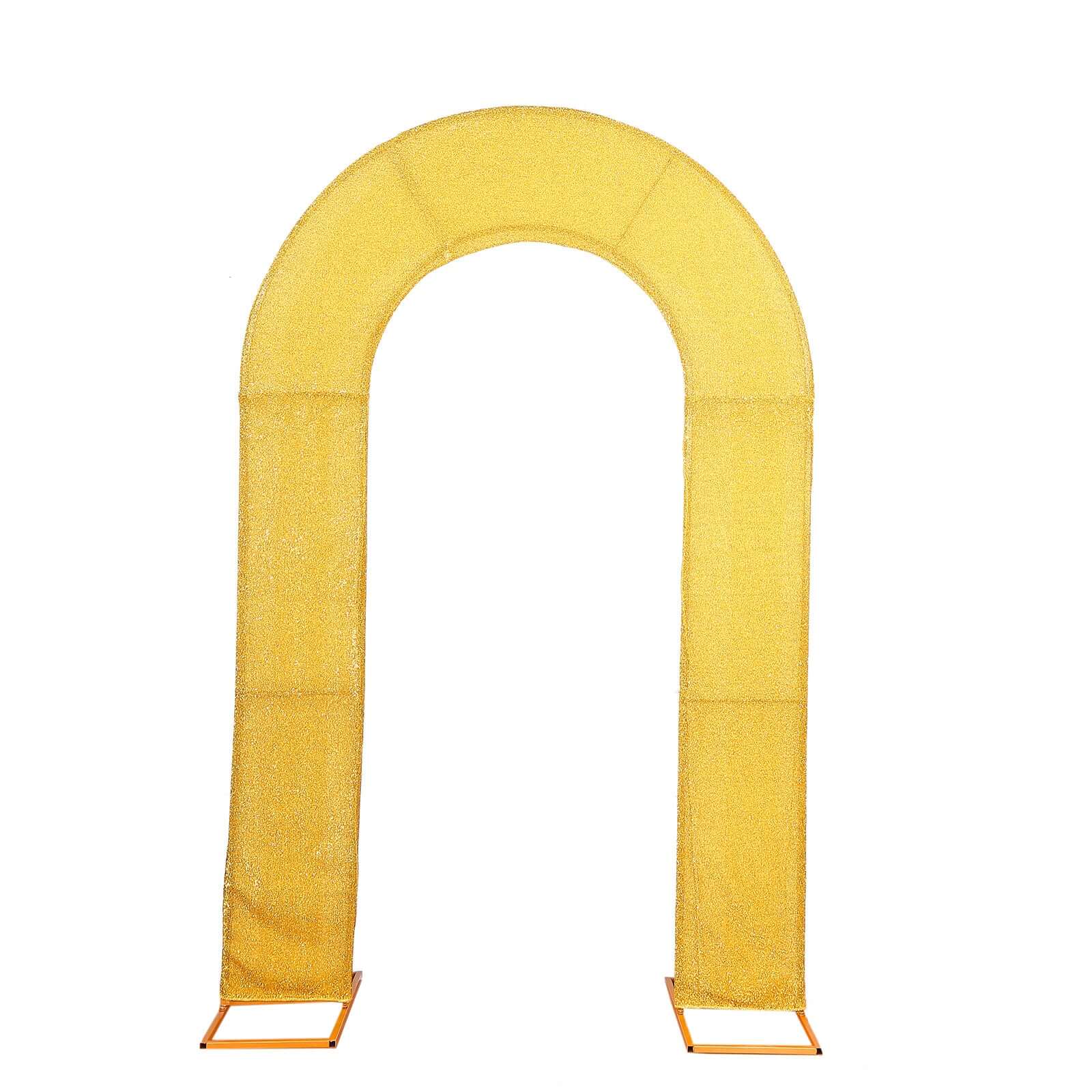 8ft Gold Spandex Fitted U-Shaped Wedding Arch Cover With Shimmer Tinsel Finish, Double-Sided Open Arch Backdrop Slipcover