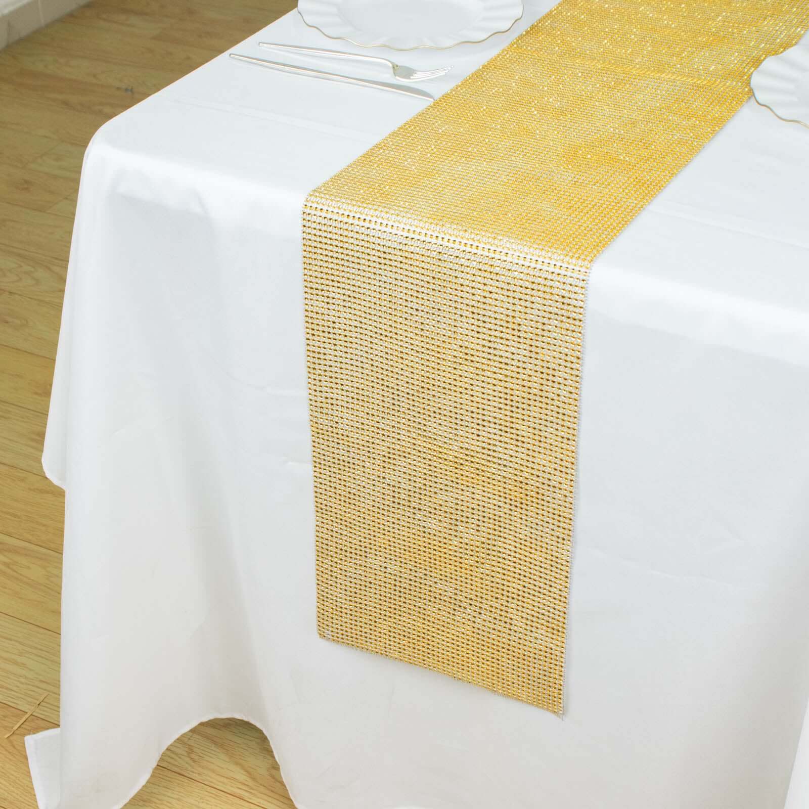 Crystal Rhinestone 10"x108" Table Runner Gold - Luxe Shiny Diamond Mesh Bling Table Runner Roll
