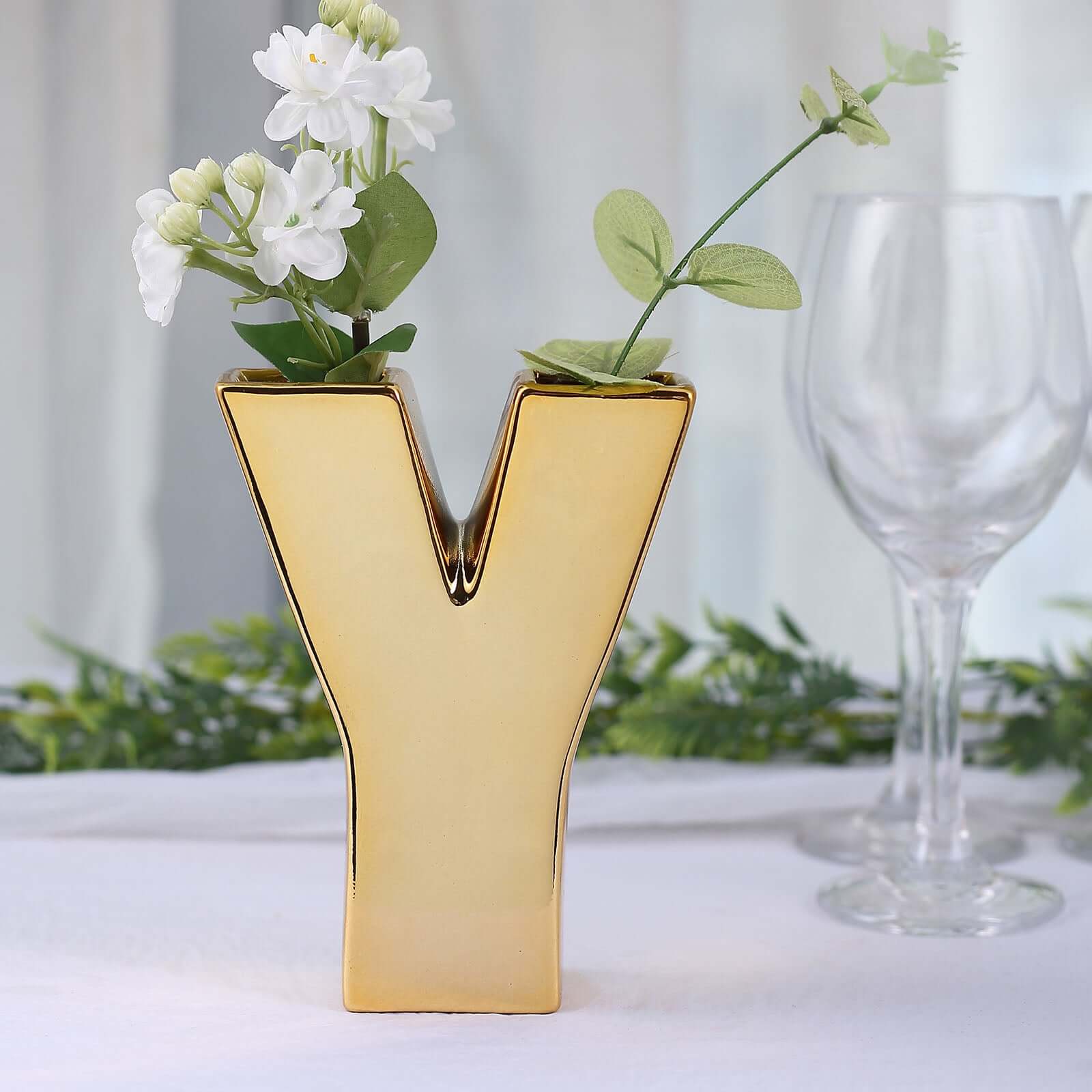 Shiny Ceramic Vase Letter "Y" Gold Plated - Chic Bud Planter Pot for Events & Decor 6"