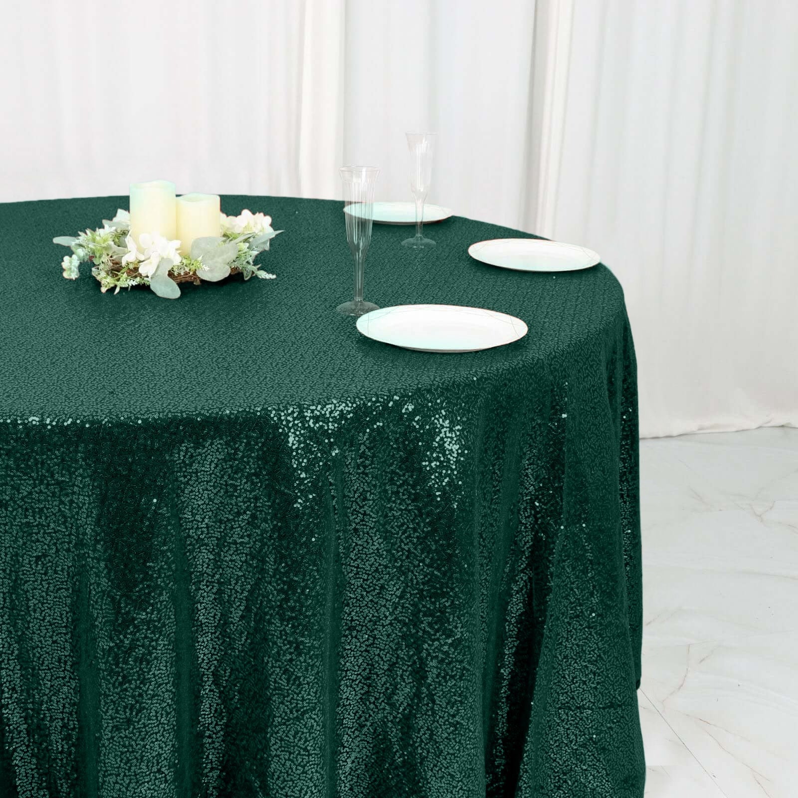 Sequin 120" Round Tablecloth Hunter Emerald Green - Seamless Glittering Table Cover