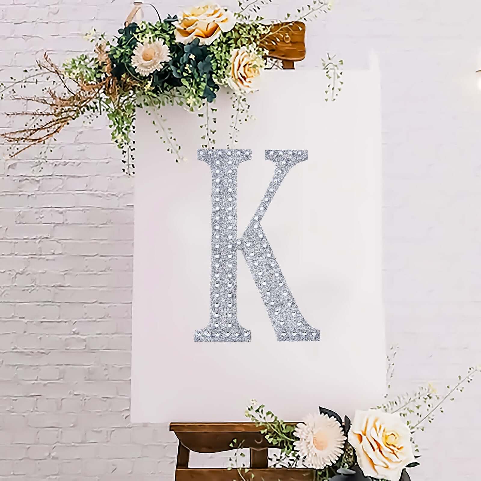 Decorative Rhinestone Alphabet "K" Letter Stickers, Glitter Adhesive Craft Letters Silver DIY Sparkle Embellishments 8"