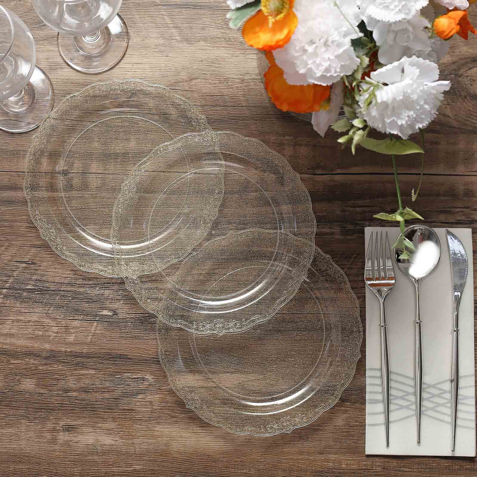 12-Pack Plastic 7" Round Salad Plates Clear with Gold Glitters & Floral Edge
