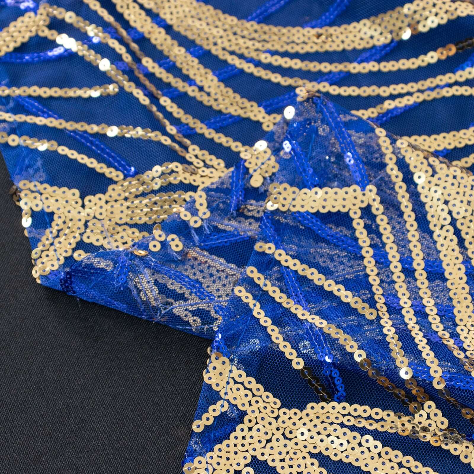 Sequin Mesh 120" Round Tablecloth Royal Blue/Gold - Seamless Wave Embroidered Table Cover