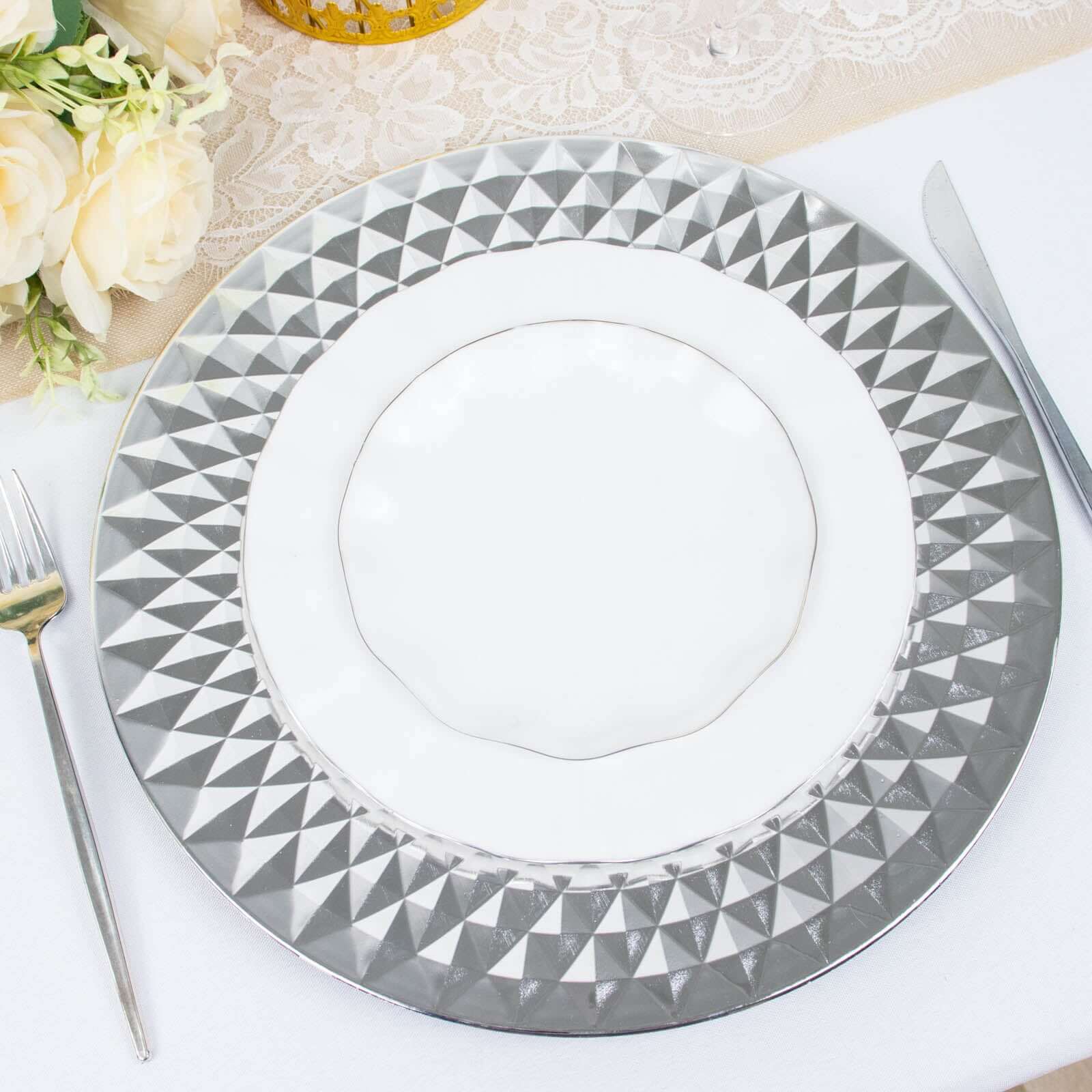 6-Pack Plastic Round Charger Plates 13" in Silver with Diamond Pattern, Sparkling Disposable Dinner Charger Tableware