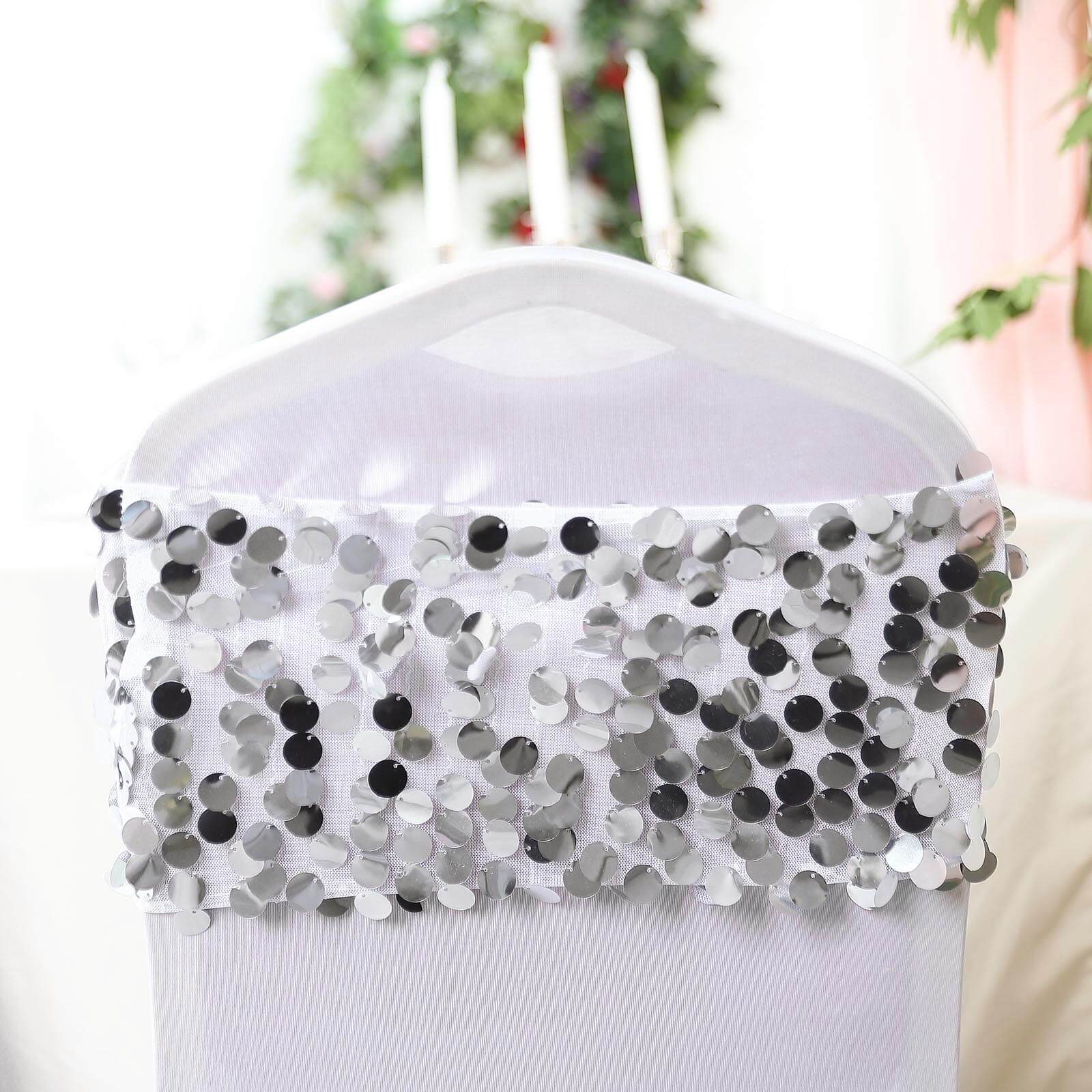 5 Pack Big Payette Sequin 13"x10" Chair Sash Bands Silver - Stylish Glittering Decor for Weddings & Gatherings