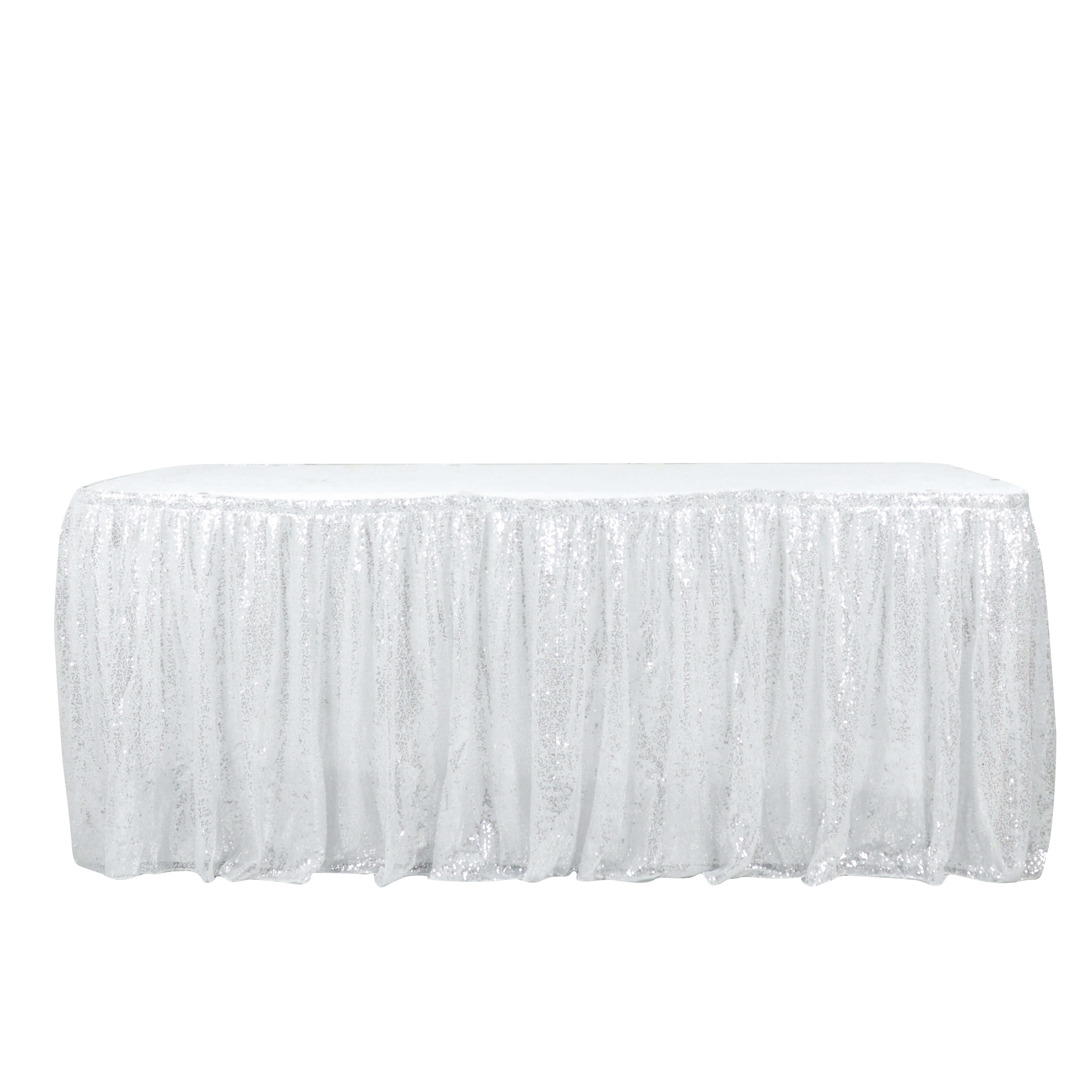 Sequin 17ft Table Skirt Silver - Pleated Satin With Top Velcro Strip