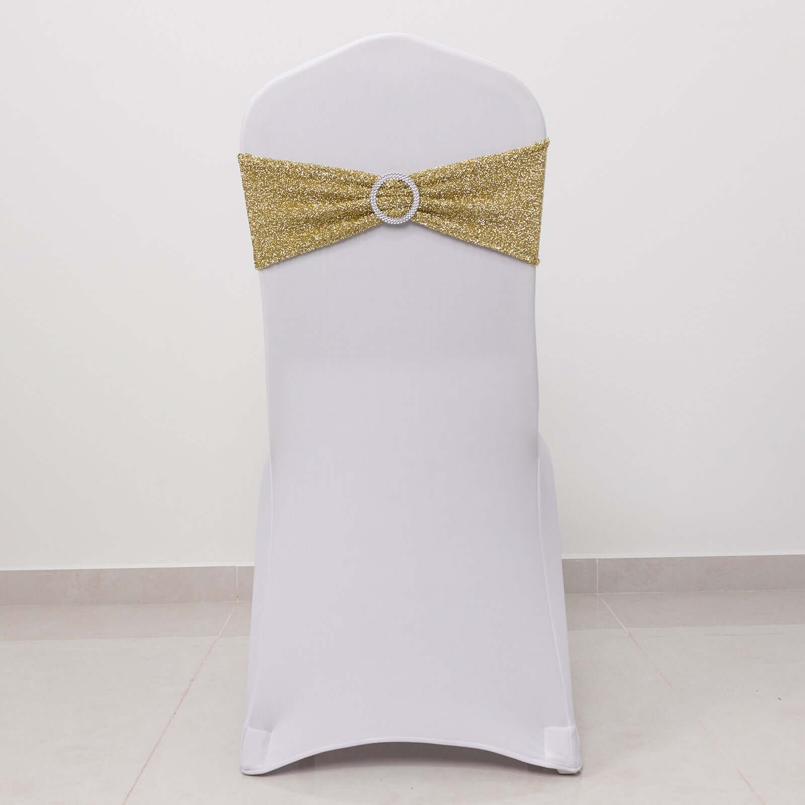 5 Pack Chair Sashes Shimmer Tinsel Spandex 5"x12" with Silver Rhinestone Buckles Champagne - Stylish Chair Bands