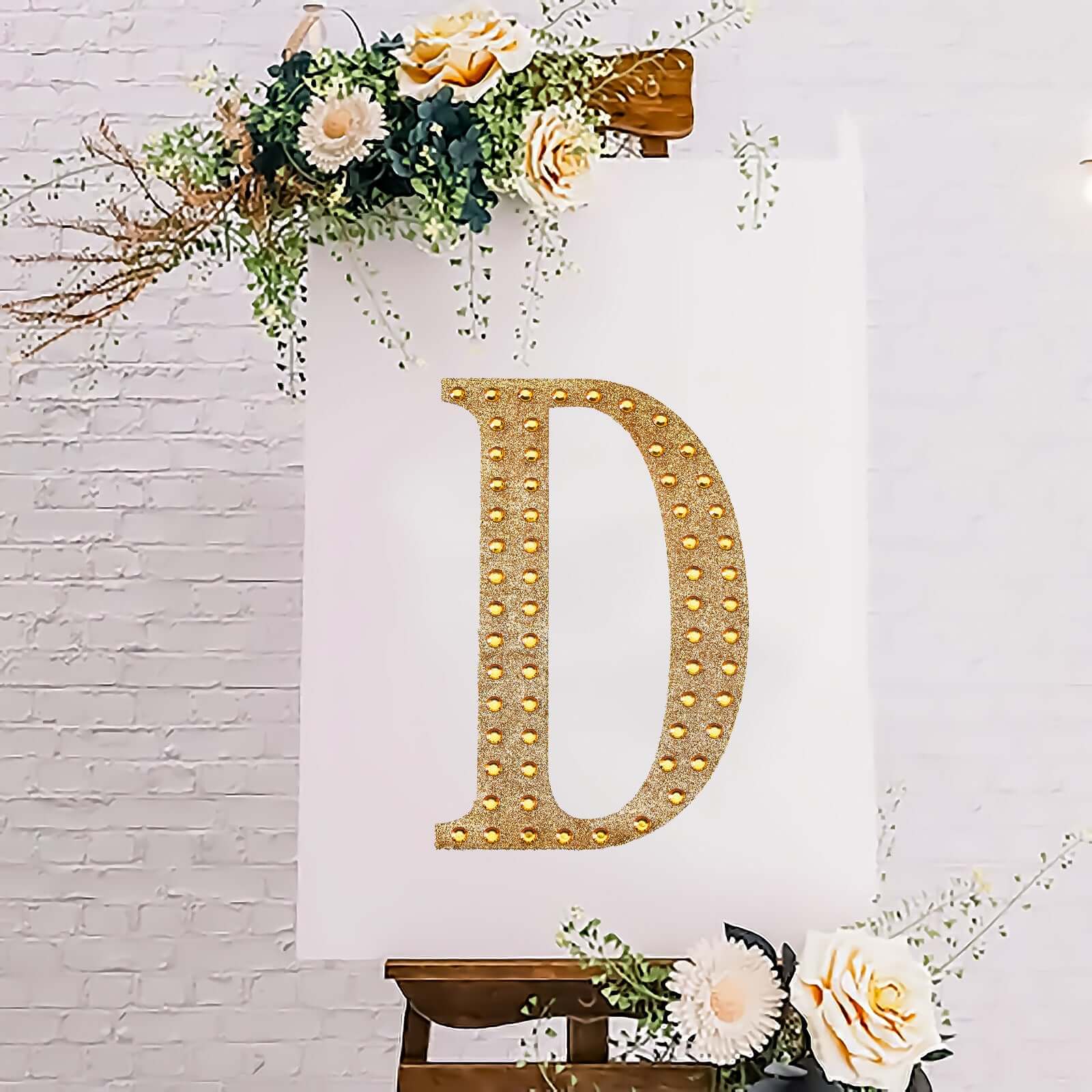 Decorative Rhinestone Alphabet "D" Letter Stickers, Glitter Adhesive Craft Letters Gold DIY Sparkle Embellishments 8"