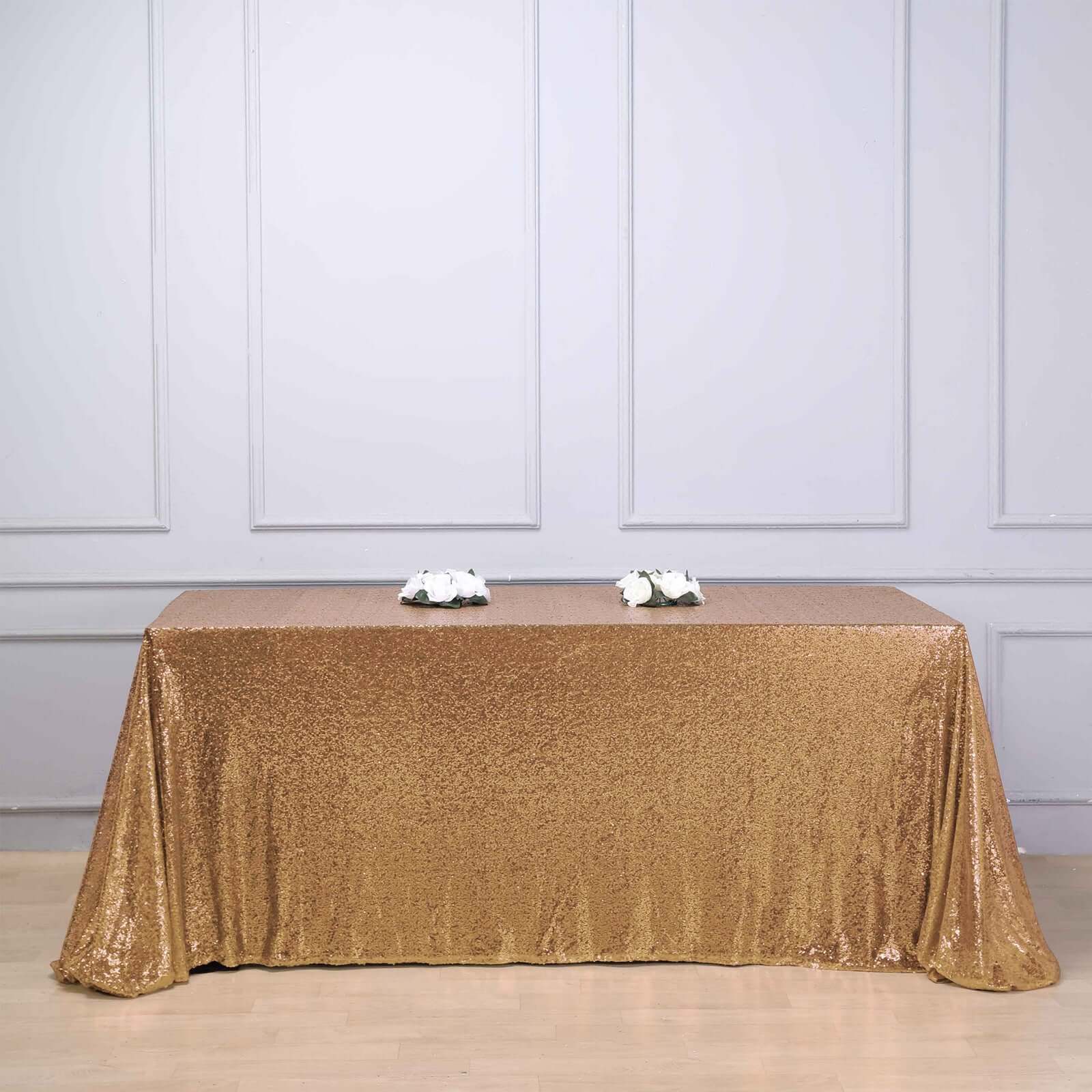 Sequin 90"x156" Rectangle Tablecloth Gold - Seamless Twinkling Design for Chic Celebrations