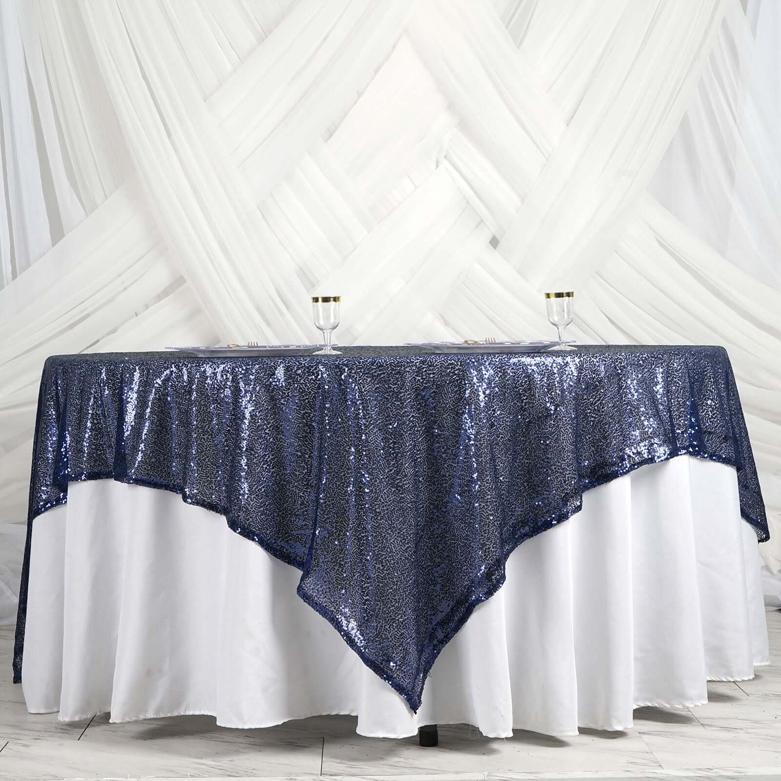 Sequin 90"x90" Table Overlay Square Tablecloth Navy Blue - Sparkly Table Cover