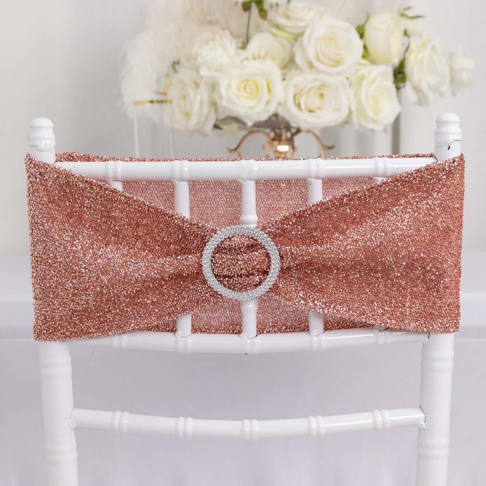5 Pack Chair Sashes Shimmer Tinsel Spandex 5"x12" with Silver Rhinestone Buckles Rose Gold