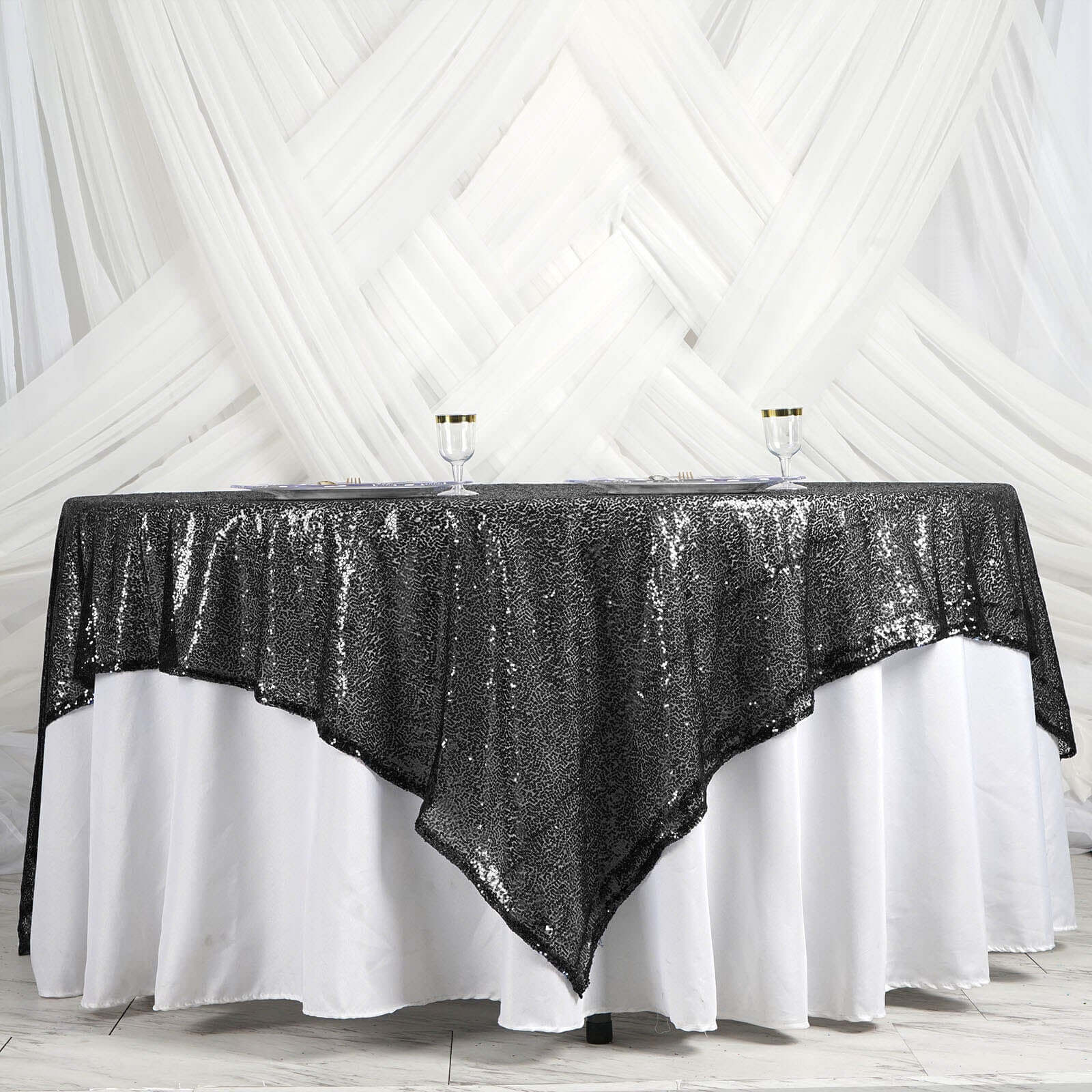 Sequin 90"x90" Table Overlay Square Tablecloth Black - Sparkly Table Cover