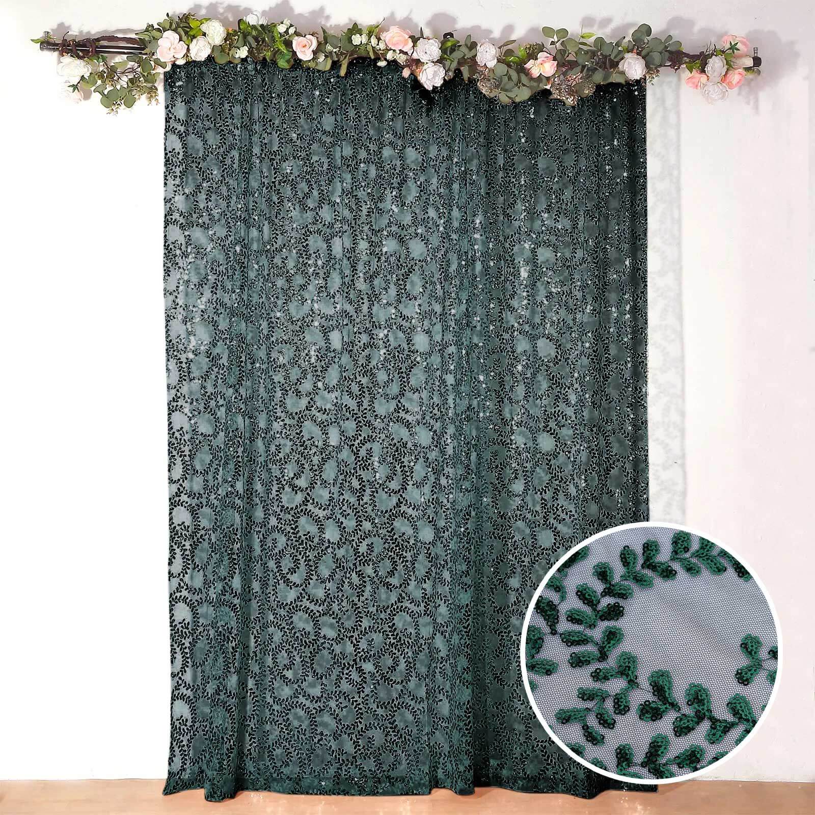 8ftx8ft Hunter Emerald Green Embroider Sequin Event Curtain Drapes, Sparkly Sheer Backdrop Event Panel With Embroidery Leaf