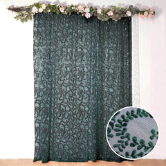 8ftx8ft Hunter Emerald Green Embroider Sequin Event Curtain Drapes, Sparkly Sheer Backdrop Event Panel With Embroidery Leaf