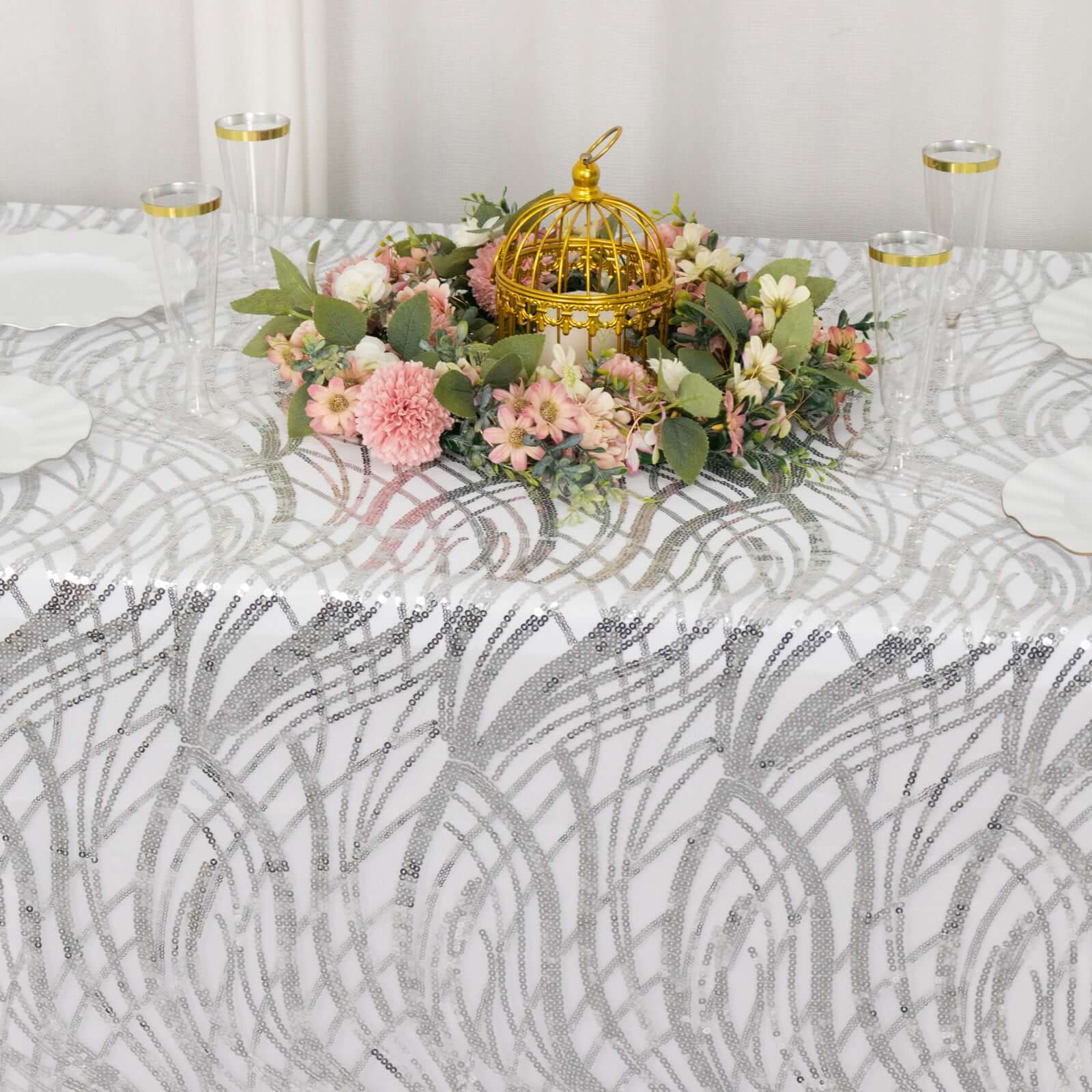 Mesh 90"x156" Rectangle Tablecloth Silver - Wave Sequin Embroidered Table Cover