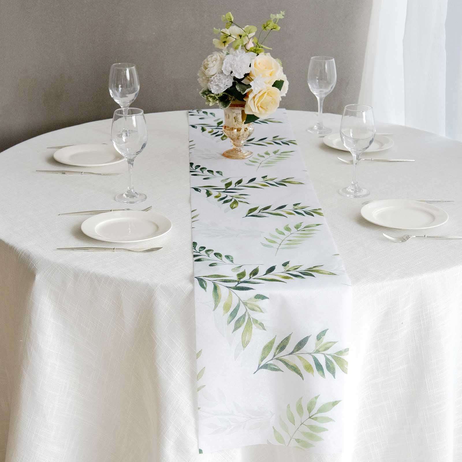 Disposable Table Runner 11"x108" White with Green Olive Leaves Print - Non-woven Stylish Spring Summer Dining Decor