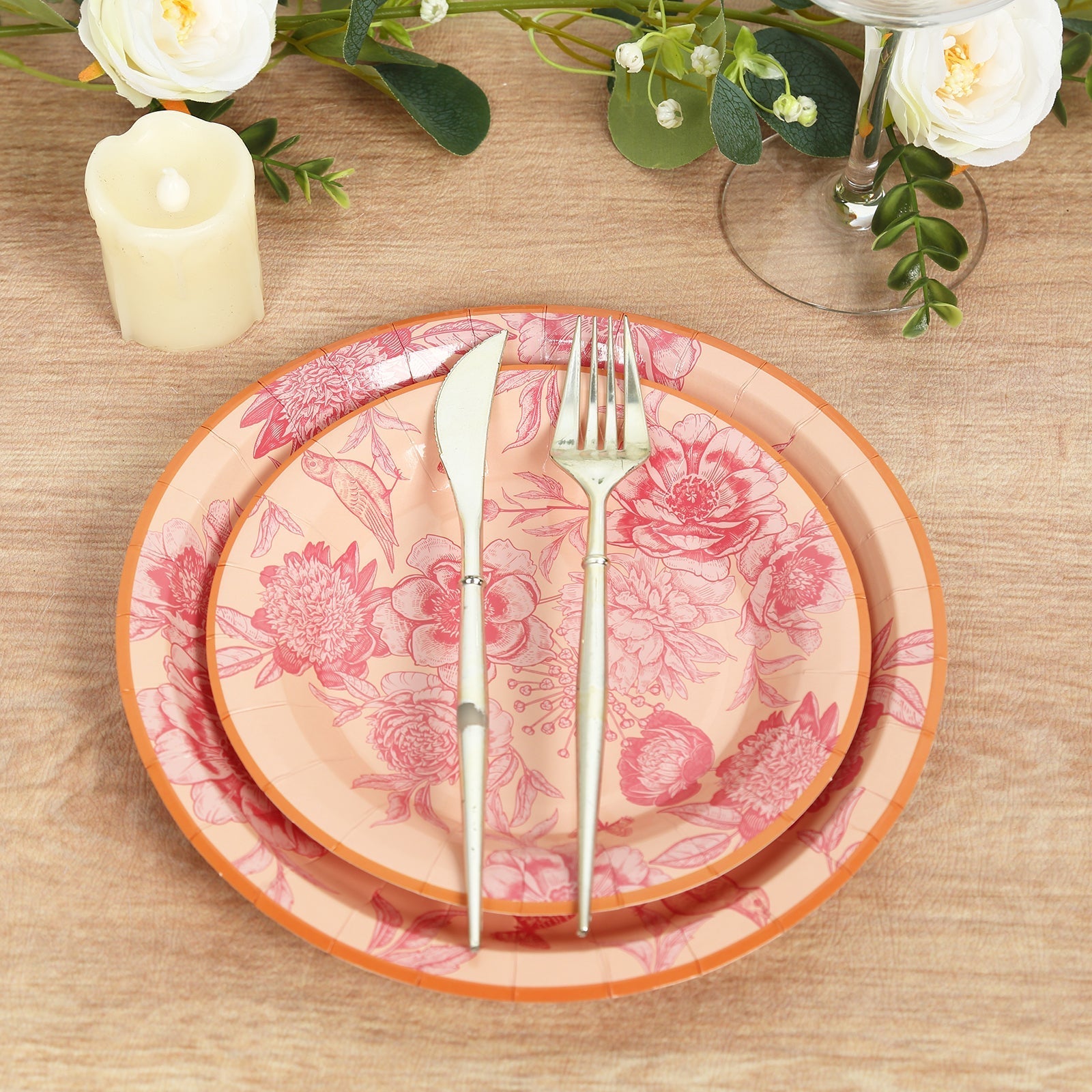 50-Pack Paper Round Dessert and Dinner Plates in Dusty Rose Spring Floral Print with Gold Rim for Table Decor 7", 9"