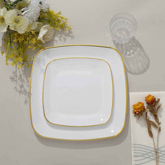 10-Pack Plastic 7" Square Dessert Plates in White with Gold Rim - Classy Disposable Appetizer Salad Plates for Weddings & Special Events