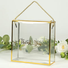 25 Pack Gold Trimmed Clear PVC Gift Boxes with Rope Handles and Thank You Print, Square Transparent Portable Candy Favor Boxes - 8"x8"