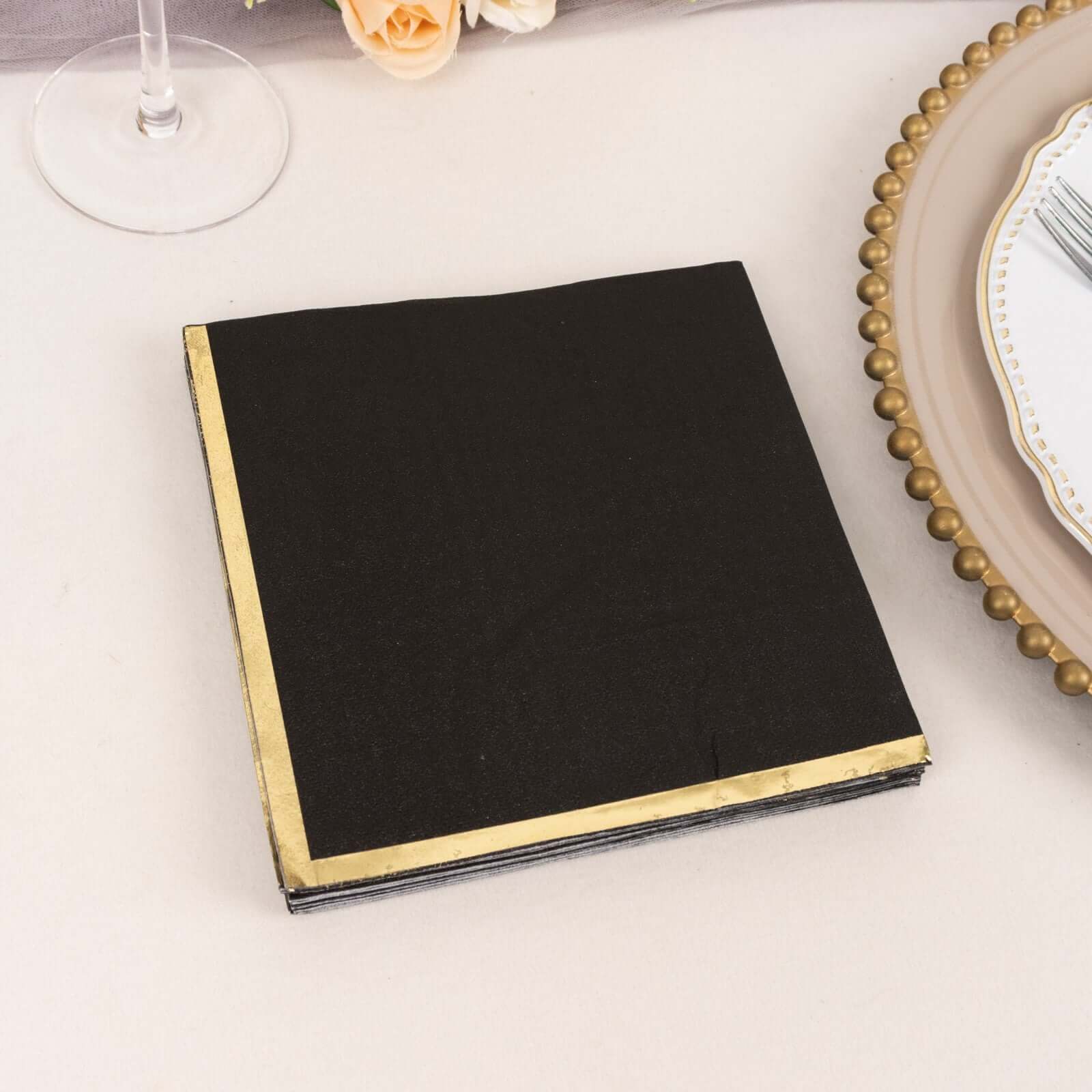 50-Pack Paper Beverage Napkins with Gold Foil Edge Black - Disposable 2 Ply Cocktail Napkins for Events 6.5"x6.5"