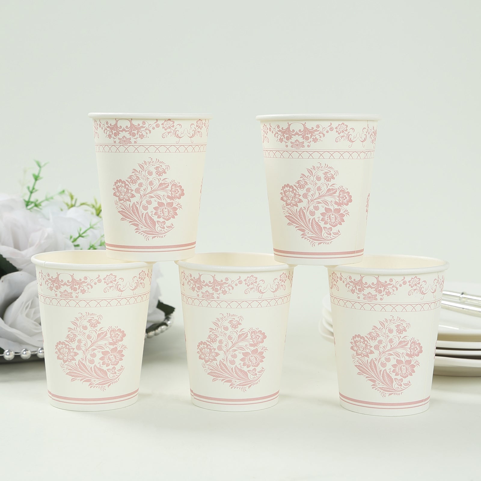24 Pack Disposable Paper Cups in White Pink Damask Floral Pattern, Elegant Party Cups - 9oz
