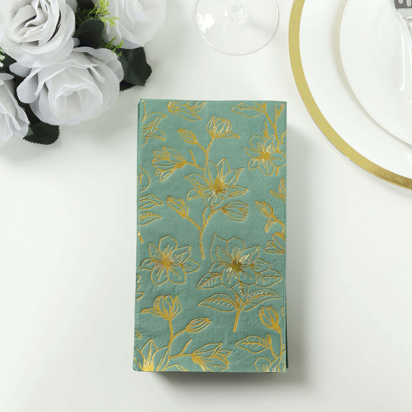 50-Pack Paper Dinner Napkins Dusty Sage Green with Gold Magnolia Flowers Print 2-Ply - Disposable Soft Napkins for Parties