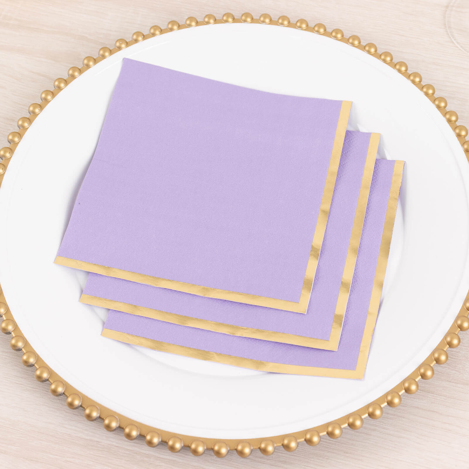 50-Pack Paper Beverage Napkins with Gold Foil Edge Lavender - Disposable 2 Ply Cocktail Napkins for Events 6.5"x6.5"