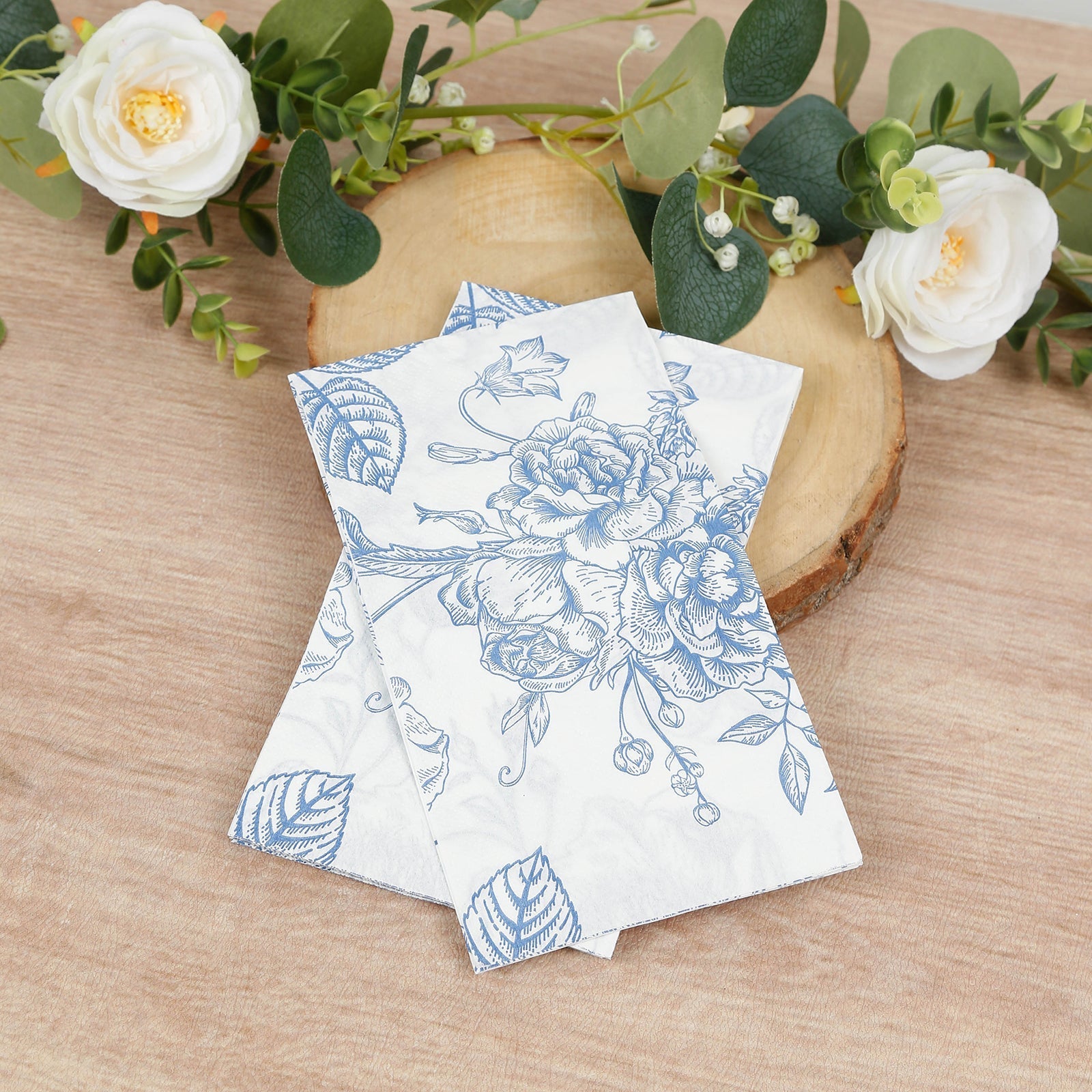 50-Pack Paper Dinner Napkins White with Matte Blue French Toile Floral Pattern 2-Ply - Stylish Disposable Napkins for Events