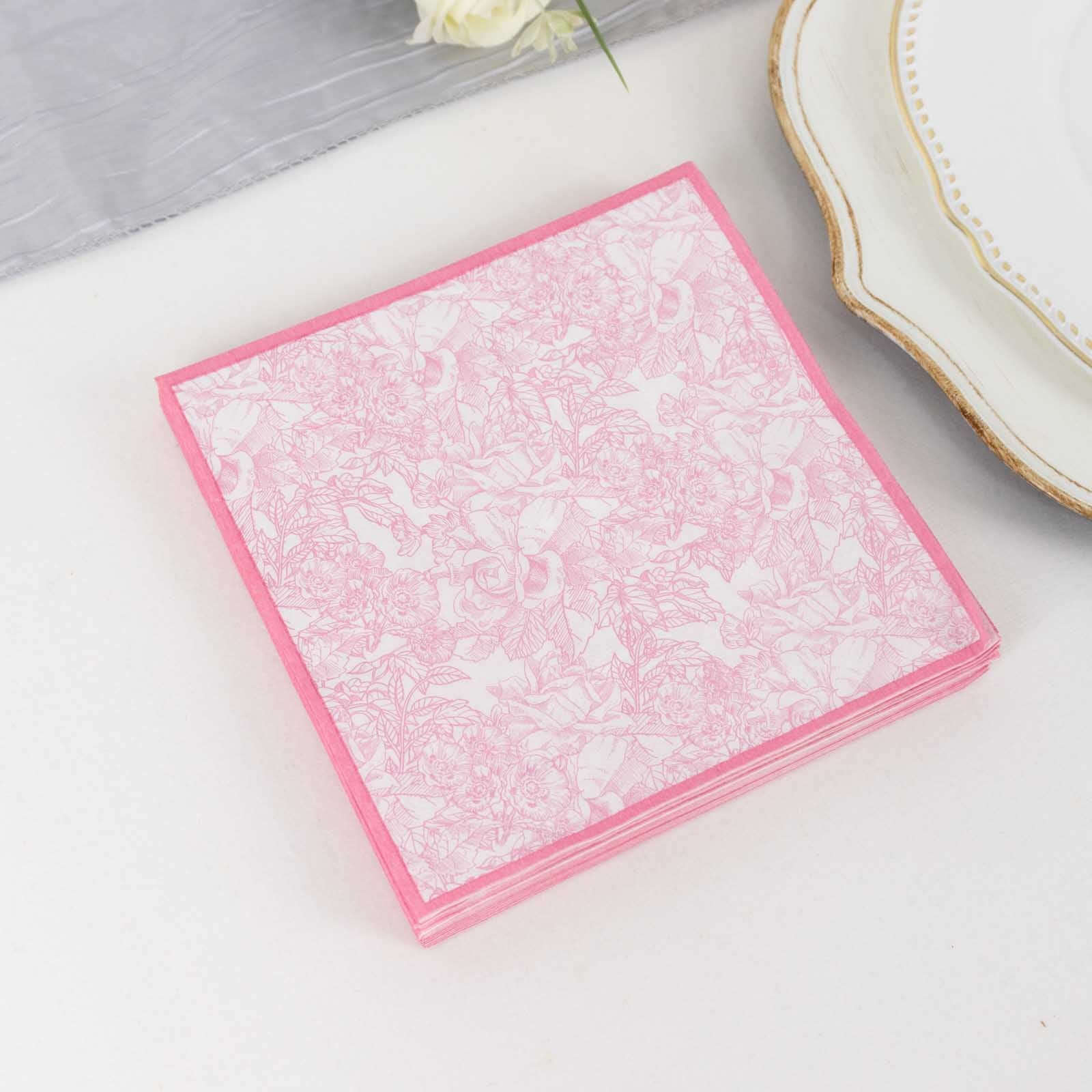 25-Pack Paper Cocktail Napkins with French Toile Print White/Pink - Highly Absorbent 2 Ply Disposable Napkins 6.25"x6.25"