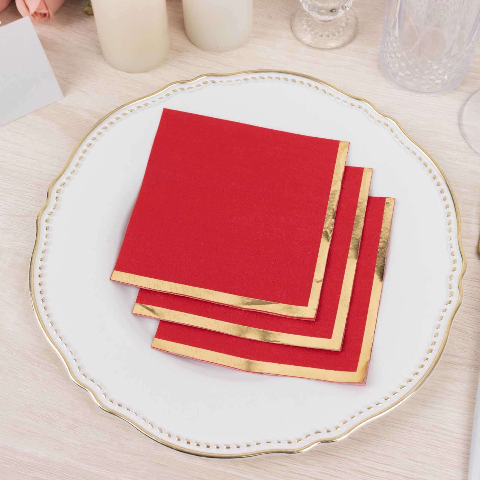 50-Pack Paper Beverage Napkins Red with Gold Foil Edge - 2 Ply Disposable Soft 18GSM Cocktail Napkins 5"x5"