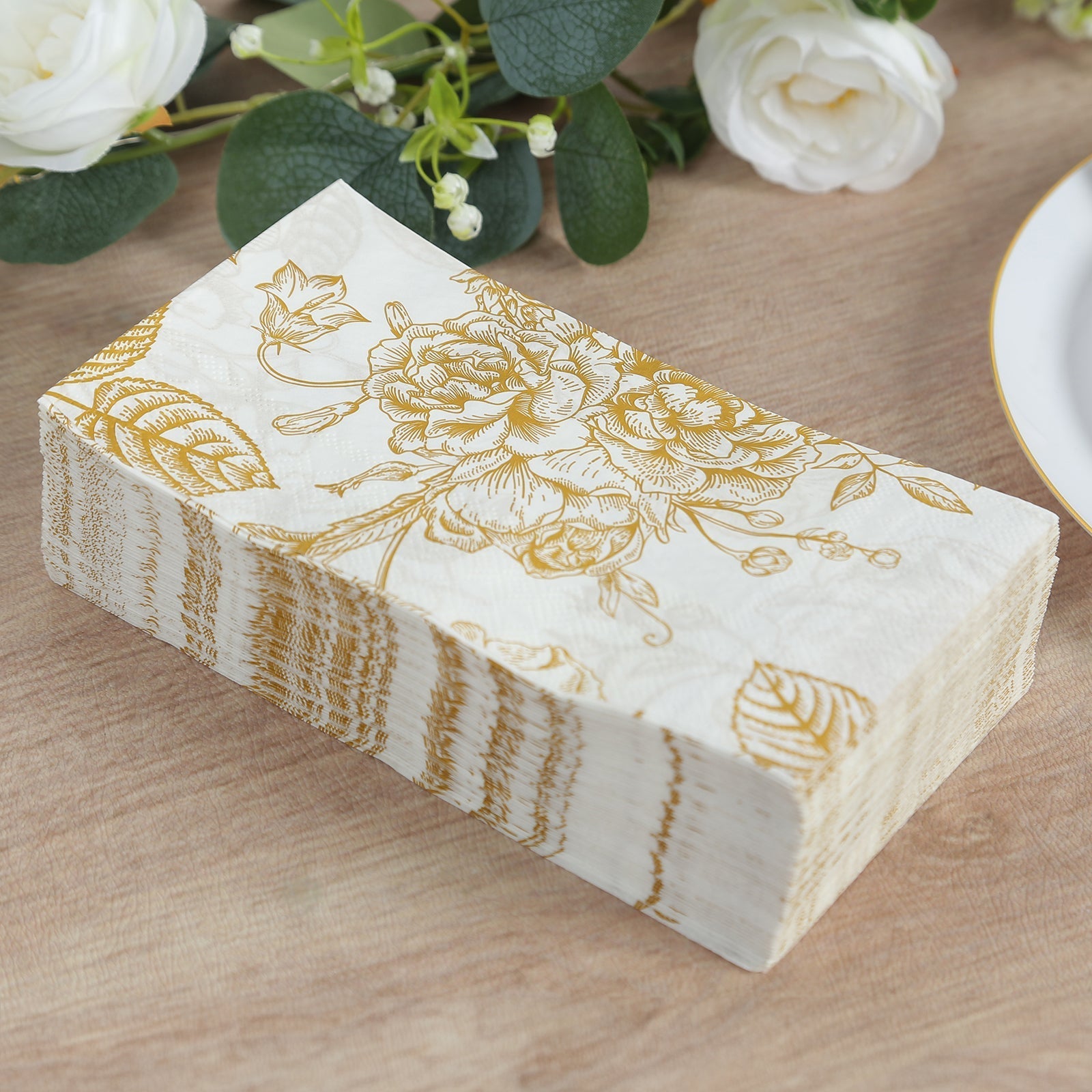 50-Pack Paper Dinner Napkins White with Gold French Toile Floral Pattern 2-Ply - Stylish Disposable Napkins for Events