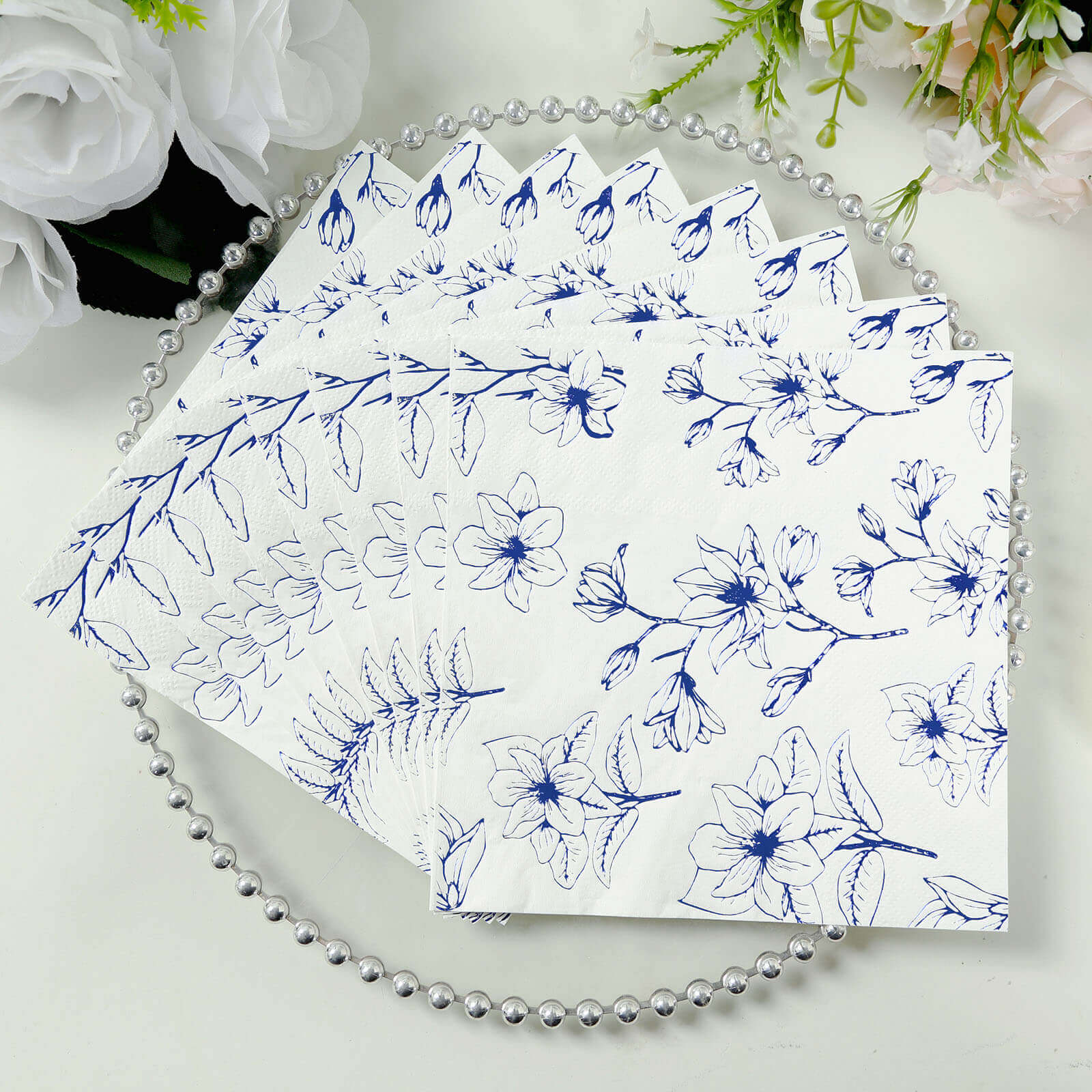 50-Pack Paper Cocktail Napkins with Blue Magnolia Flowers Print White - Highly 2 Ply Absorbent Soft Napkins for Beverages