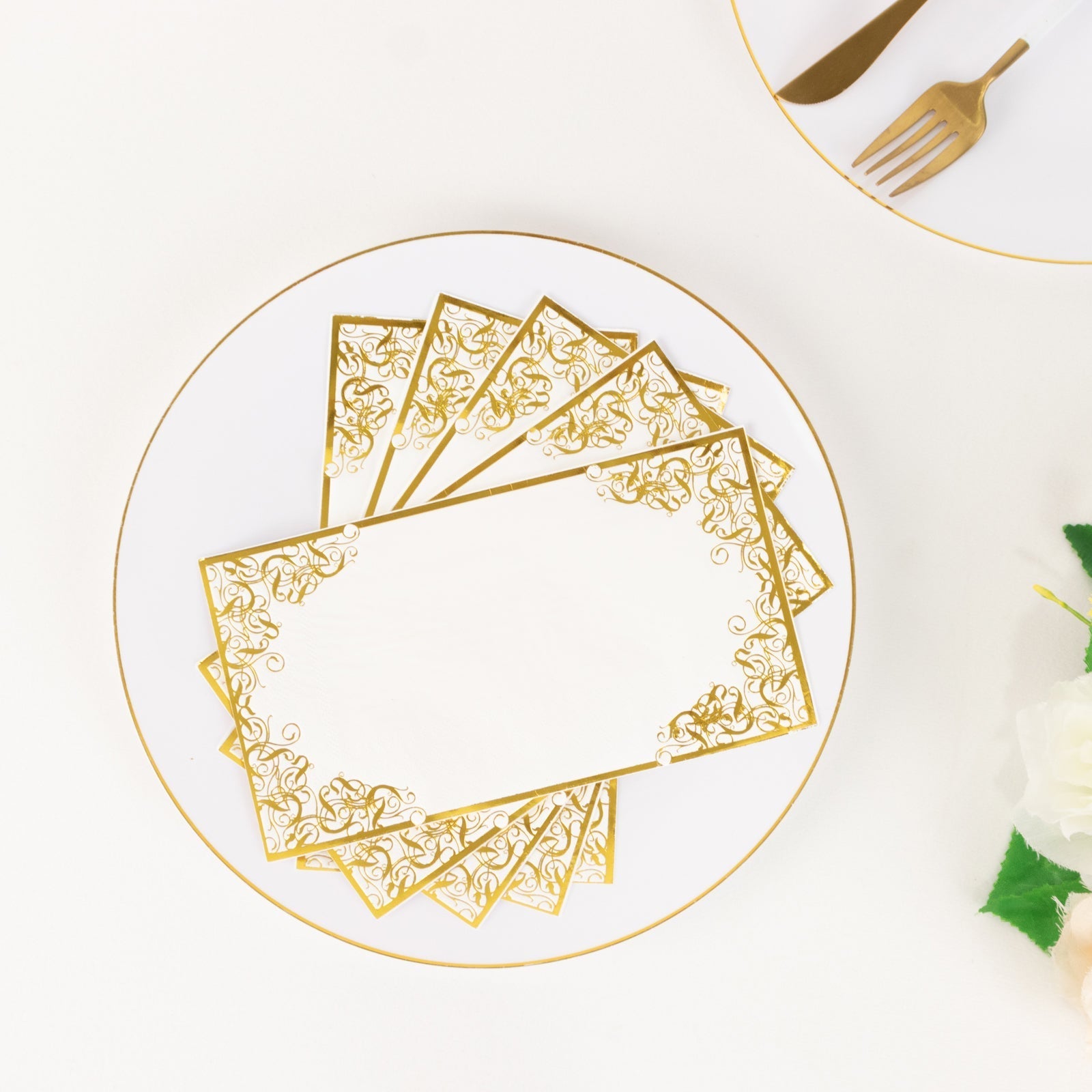 50-Pack Paper Dinner Napkins White with Gold Foil Lace Design 2 Ply - European Style Napkins for Parties 8"x4"