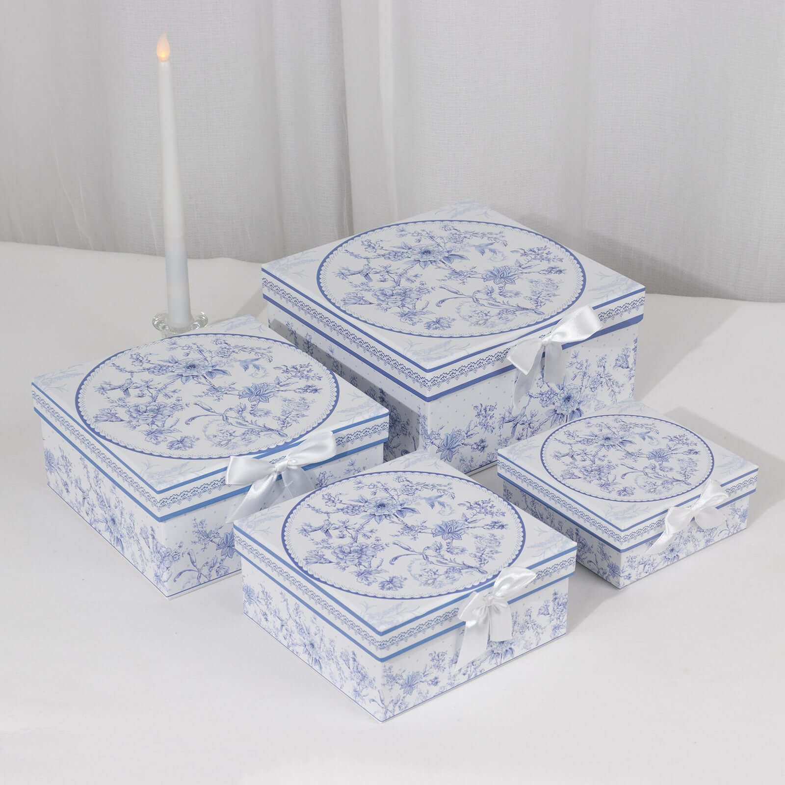 Set of 4 Cardstock Square Nesting Gift Boxes White Blue French Toile Design - Decorative Heavy Duty Stackable Keepsake Boxes With Lids for Presents Storage & Pedestal Stand 6",7",8",9"