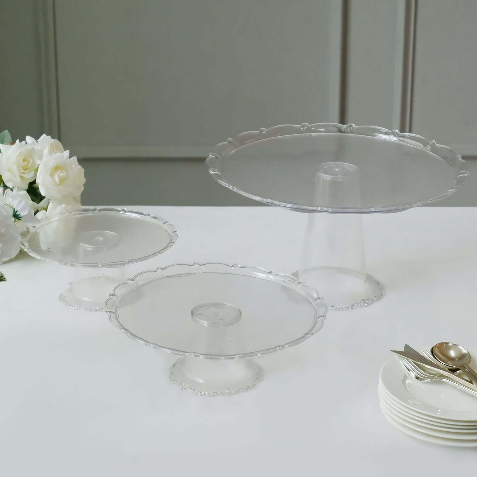 Set of 3 Plastic Round Pedestal Cake Stands Clear for Tea Parties Dessert Buffets & Banquets 9", 11", 15"